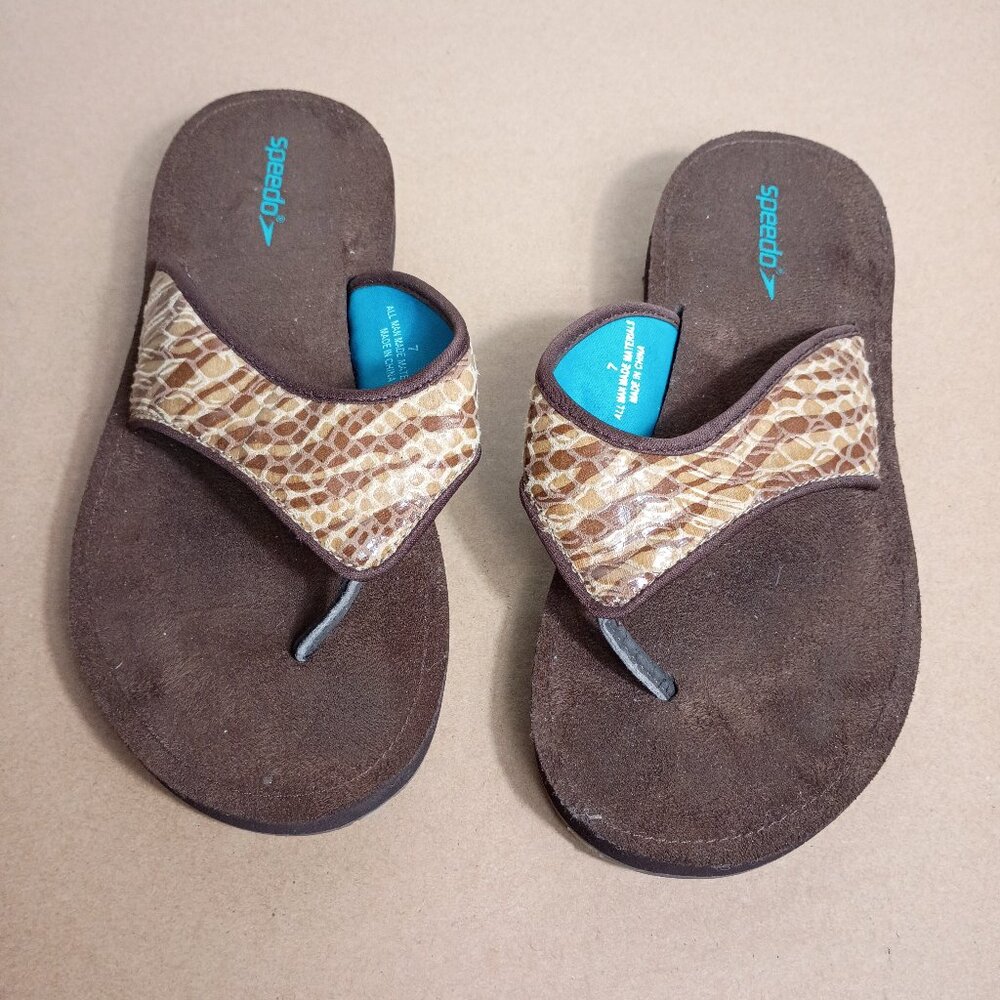 Speedo Brown Snake Skin Shimmer Flip Flop Slides Sandals Thick Sole Womens 7